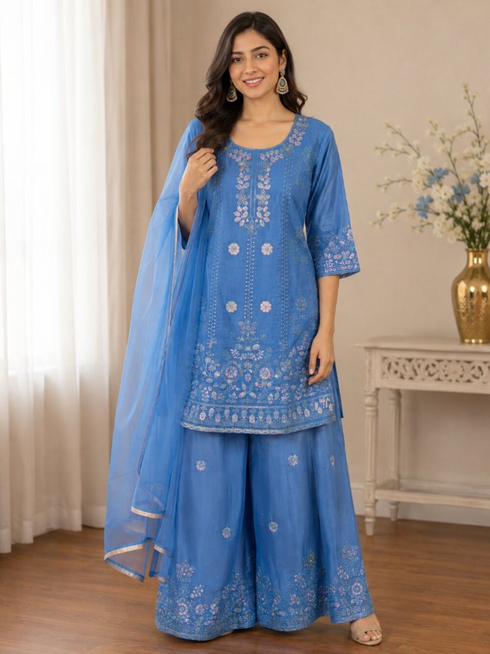 Women’s Royal Blue Embroidered Palazzo Suit Set | Indian Salwar Kameez | Size XS